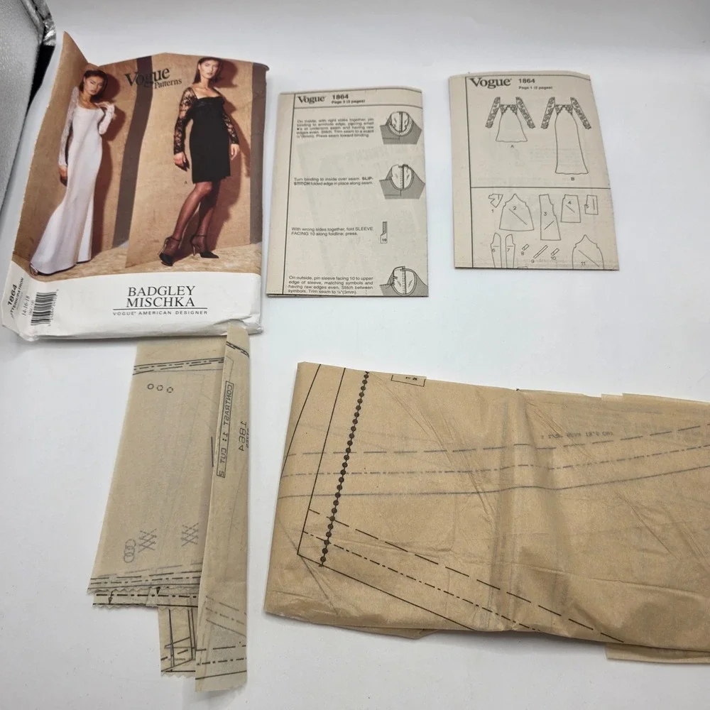 Vogue 1864 Badgley Mischka Dress Pattern 14-16-18 Lace Sleeve Gown Cocktail DIY
